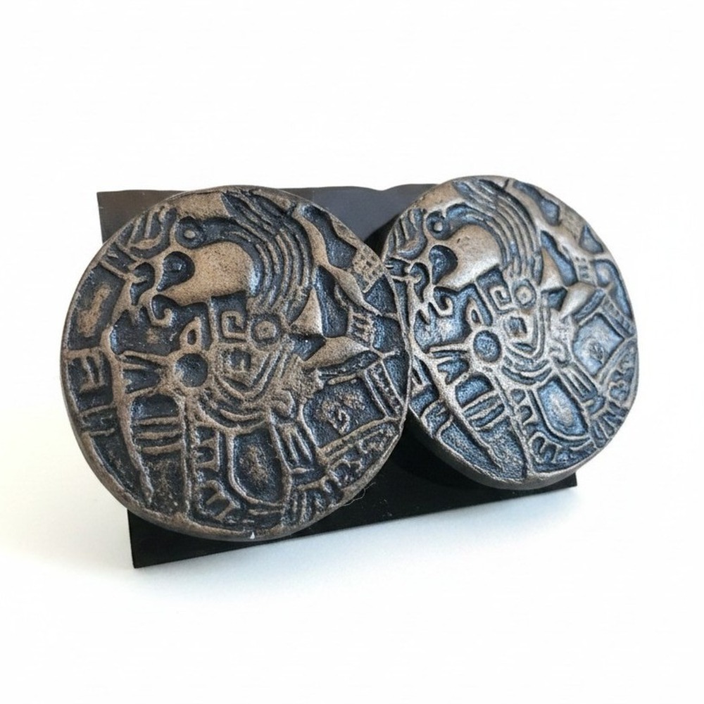 Vintage Chumash Bronze Rock Art Pictograph Earrings Brutalist Artisan Statement